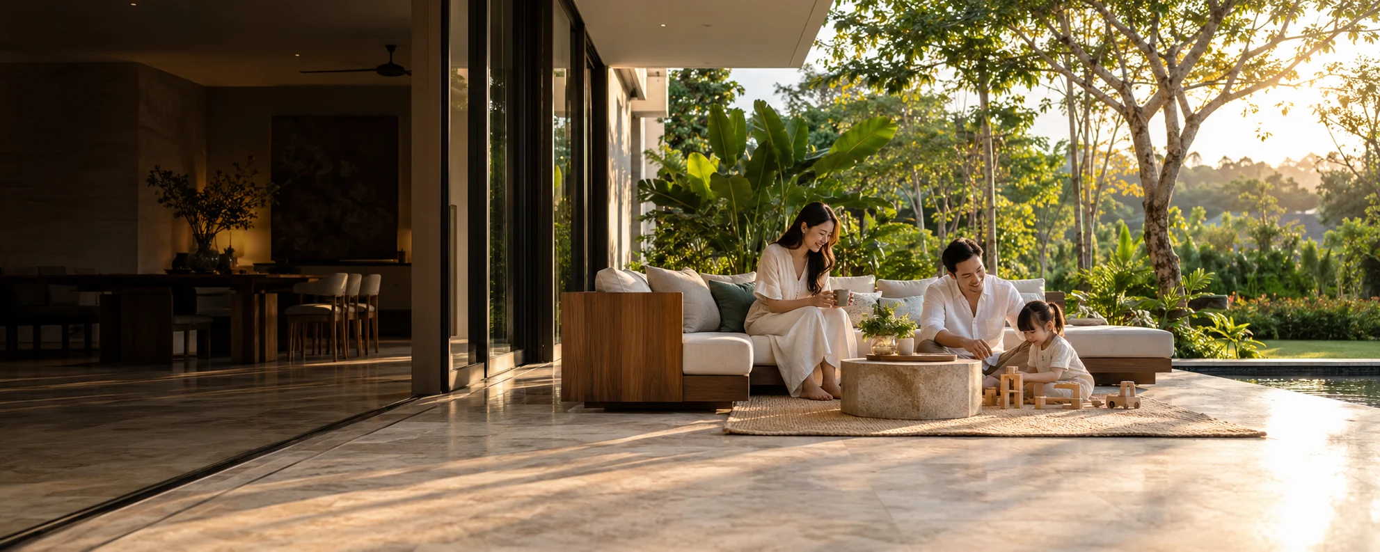A family enjoying a sunlit terrace at a contemporary tropical home