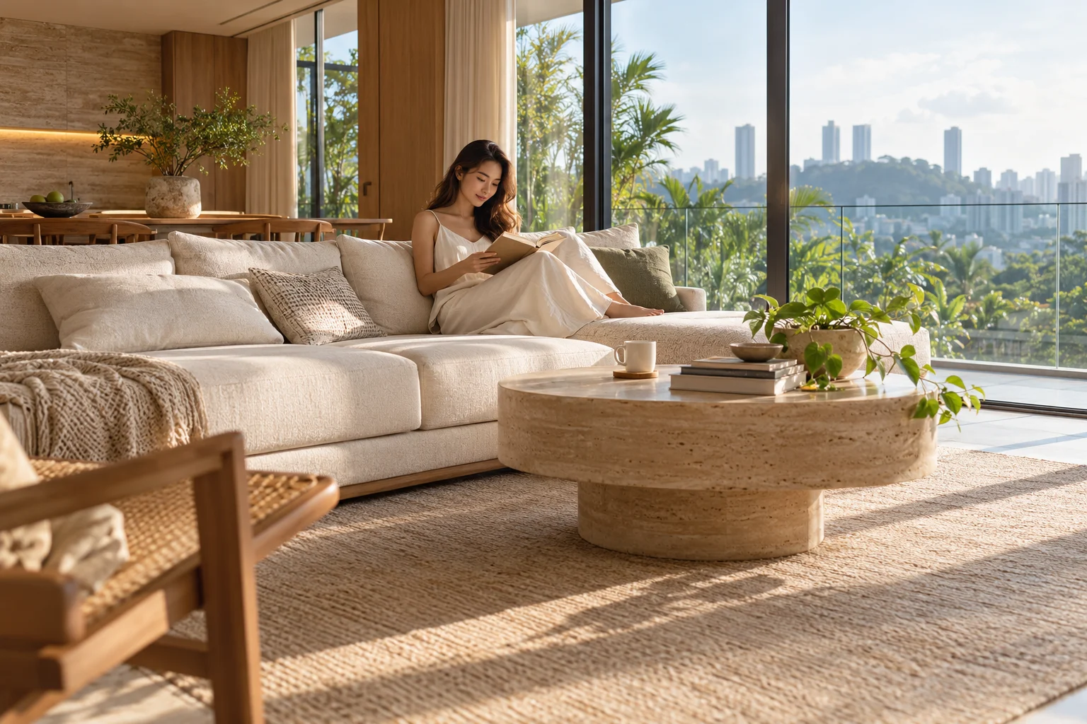 A woman relaxing with a book in a sunny contemporary apartment