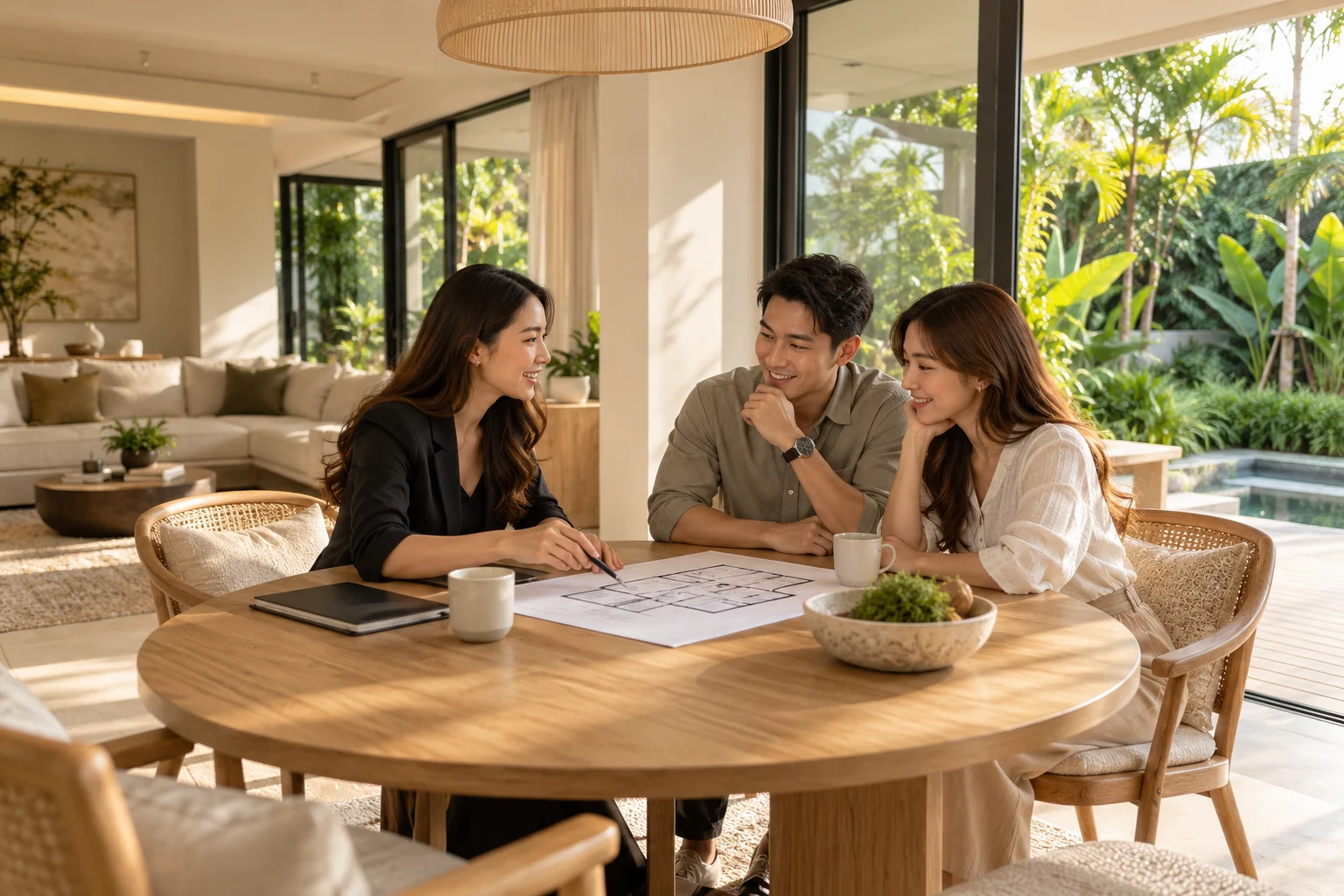 A property consultant and a couple discussing a home around a sunny dining table