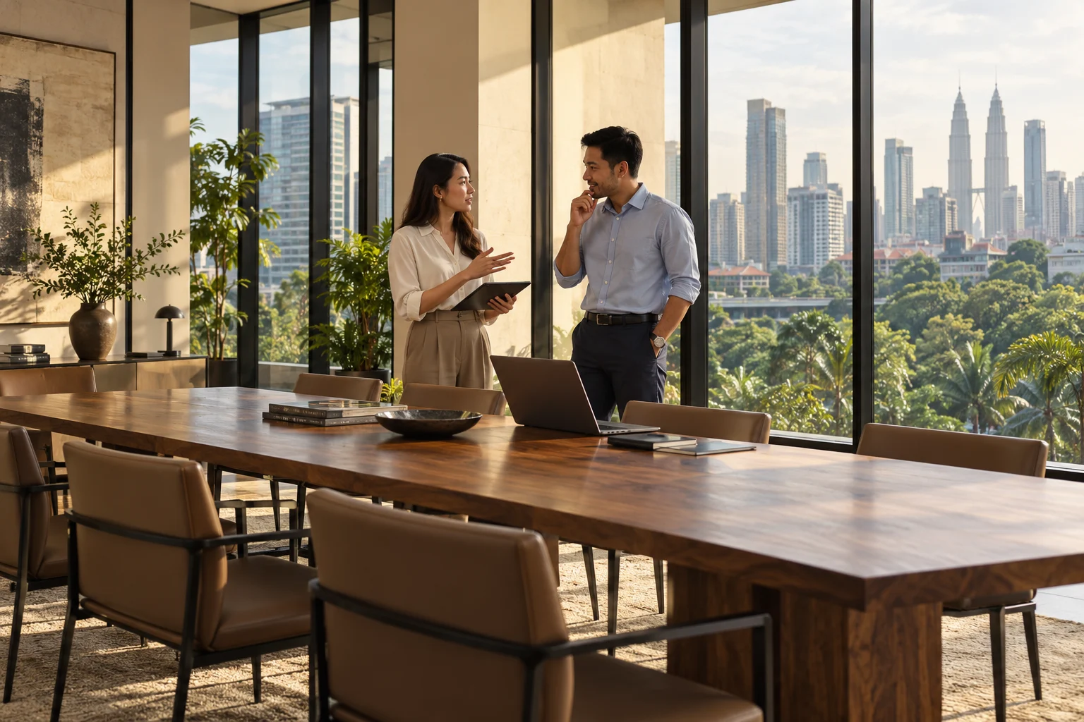 Two founders sharing ideas in a bright contemporary office