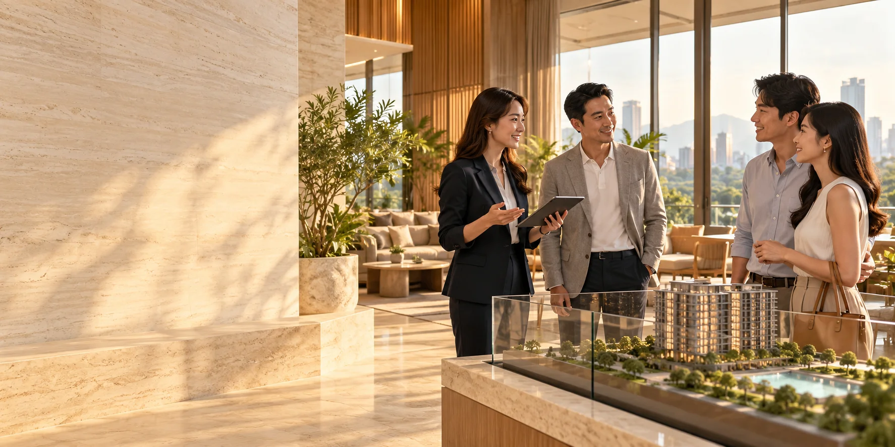 A property professional meeting a couple in a bright modern home