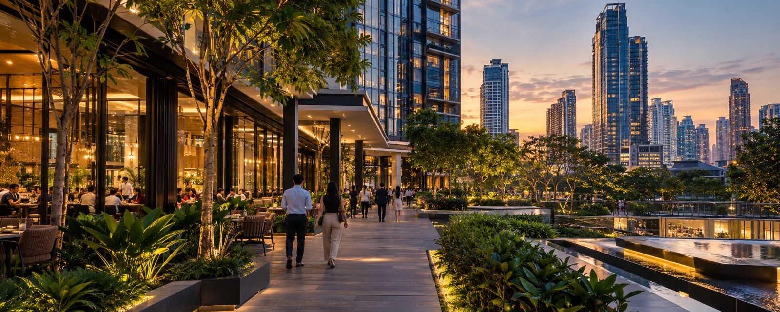 Illustrative landscaped city neighbourhood with people enjoying an evening walk