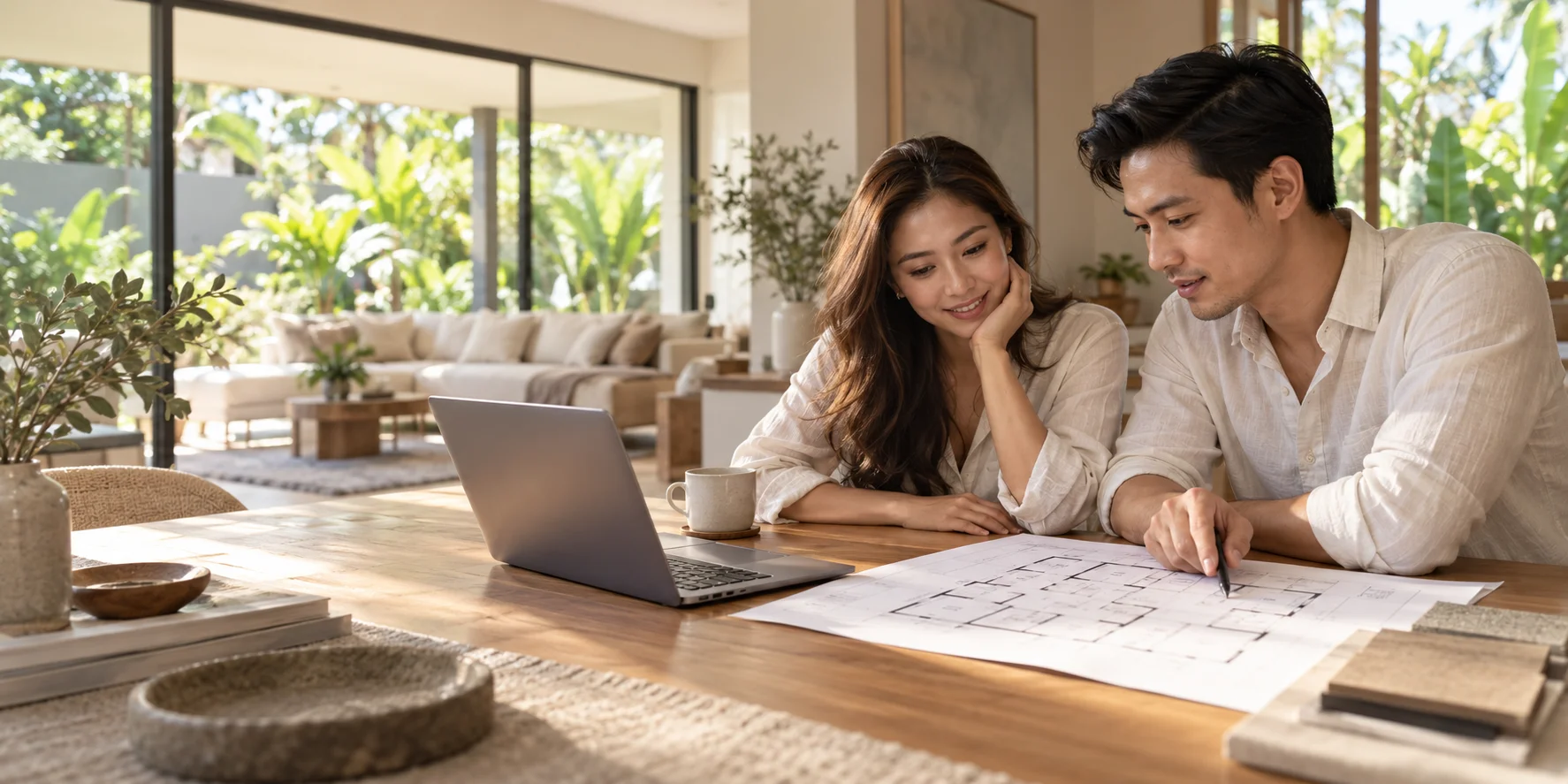 A couple planning their home search together in a welcoming living room